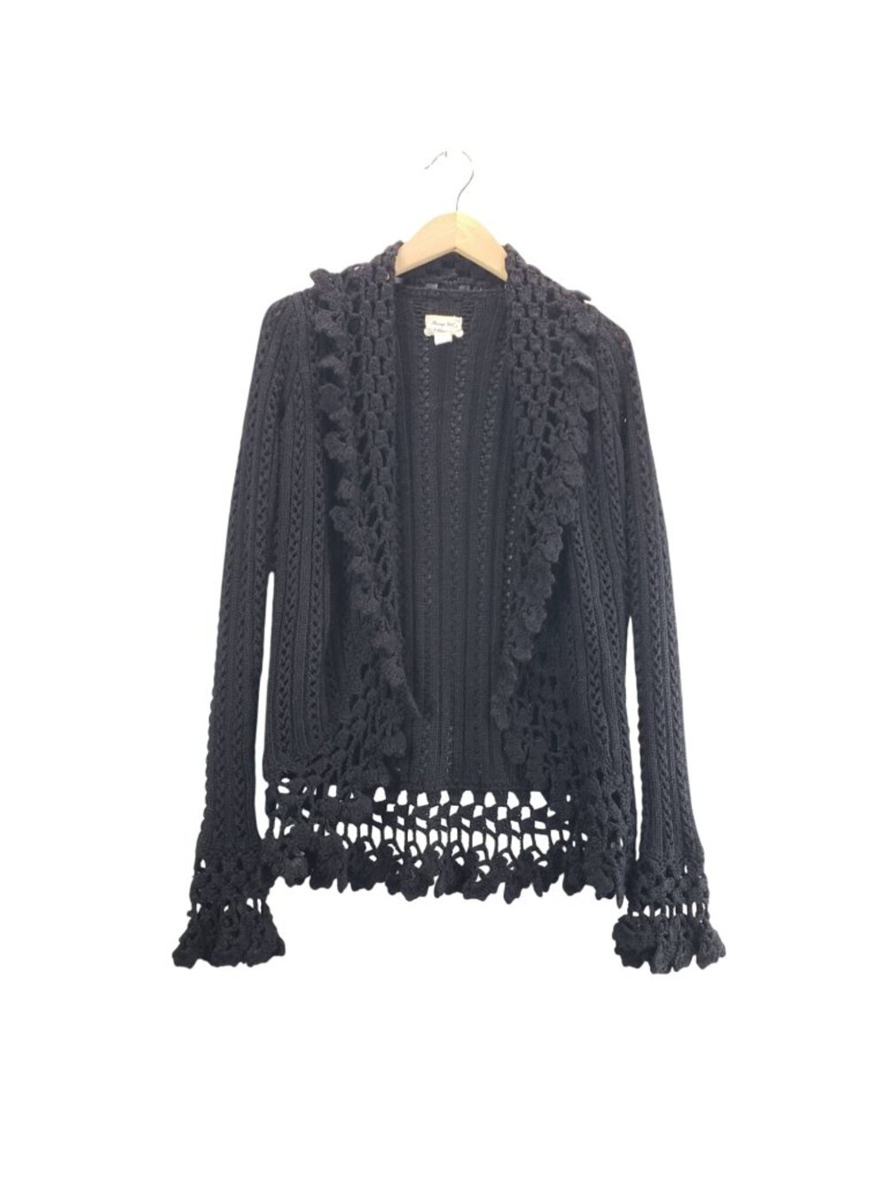 Black Crocheted Cardigan L by Facoup Girl Loose Weave ruffle Lapel Boho Cottage